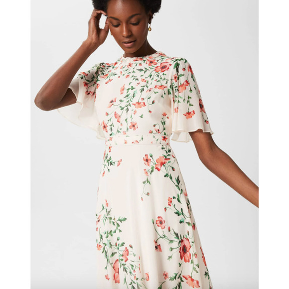 Hobbs Gianna Silk Dress Flutter Sleeve Midi Cream Red Floral NWT - Picture 3 of 10
